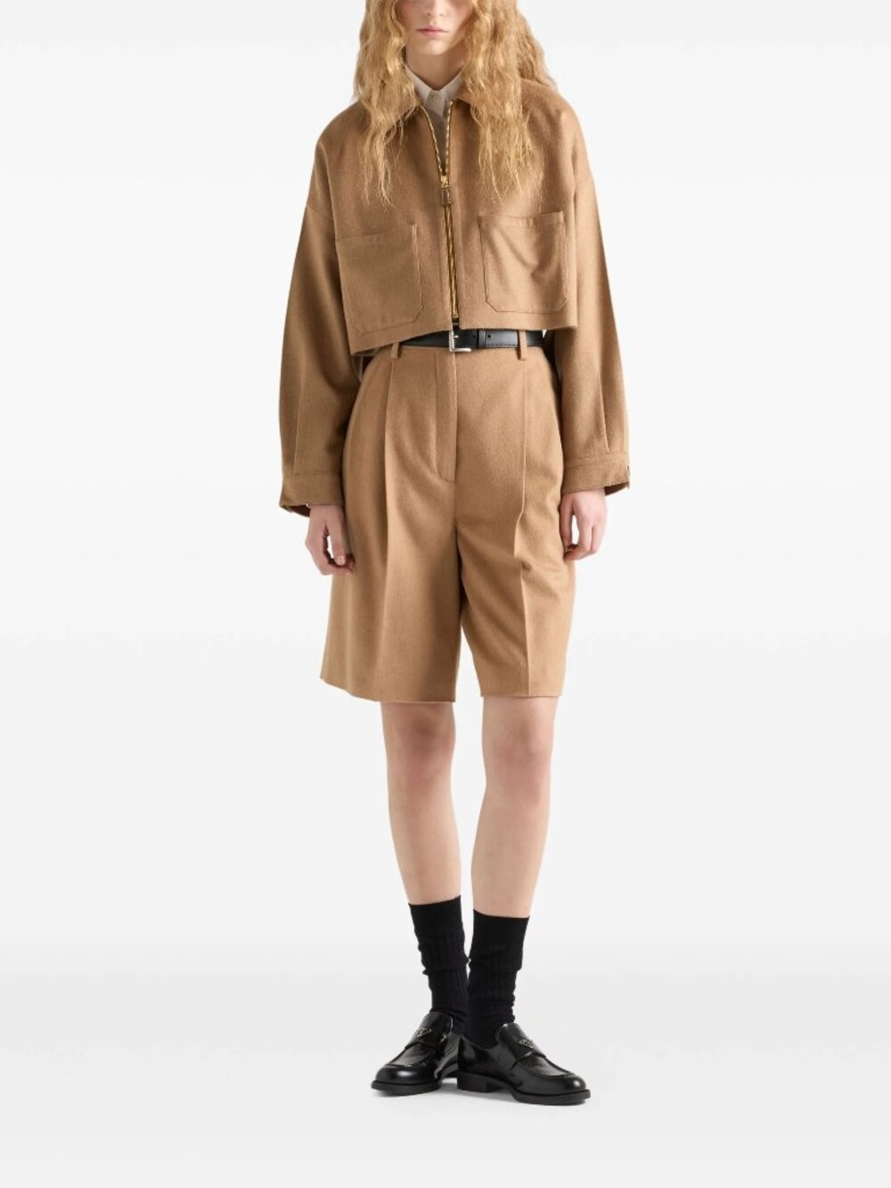 PRADA Beige Camel Hair Felt Peated High Waist Long Bermuda Shorts IT 40 / US 4 - Picture 2 of 10